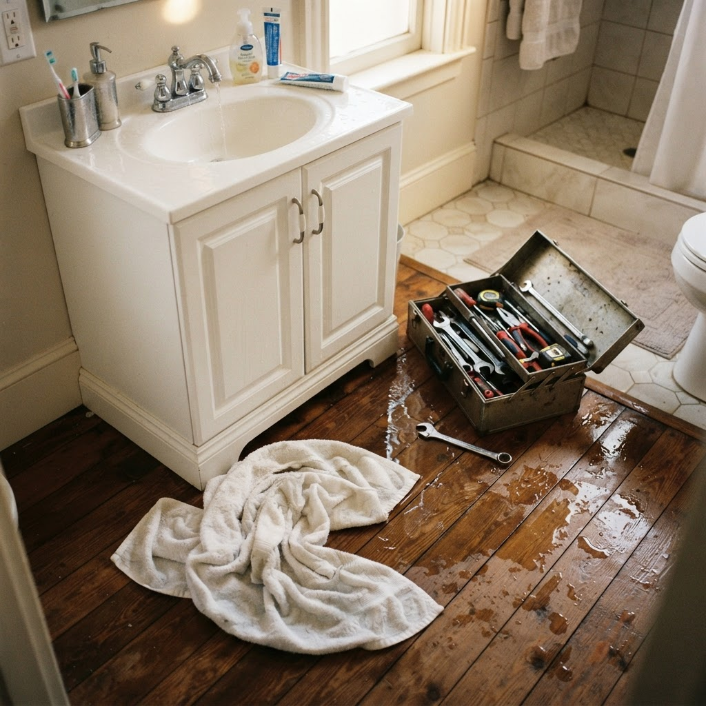 A leaking tap with water spread across a bathroom floor and a soaked towel