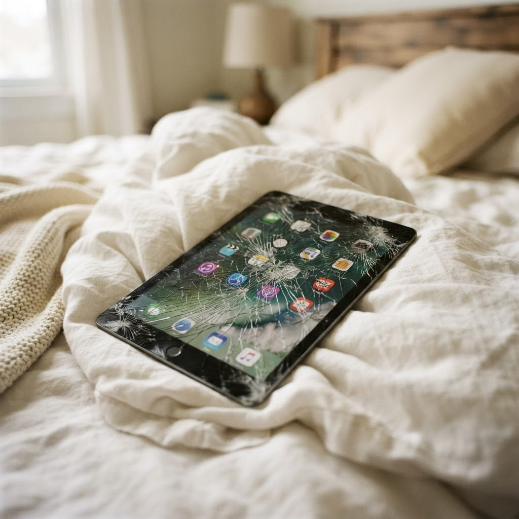 A tablet with a badly cracked screen lying on a bed